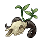 Pixel art, a ram skull with swirling horns and a little sprout behind it.